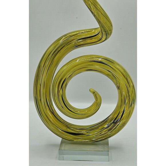 Murano Style Art 21" Glass Spiral Sculpture in Yellow Swirl Pattern With Base - Picture 3 of 11